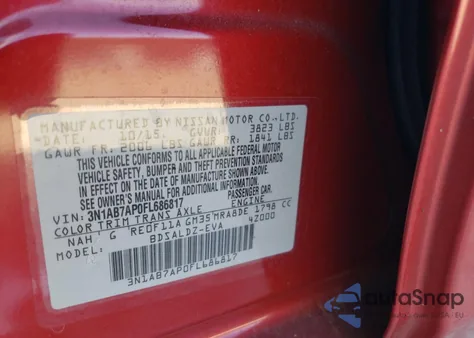 2015 Nissan Sentra S z USA, uszkodzony, nr VIN 3N1AB7AP0FL686817